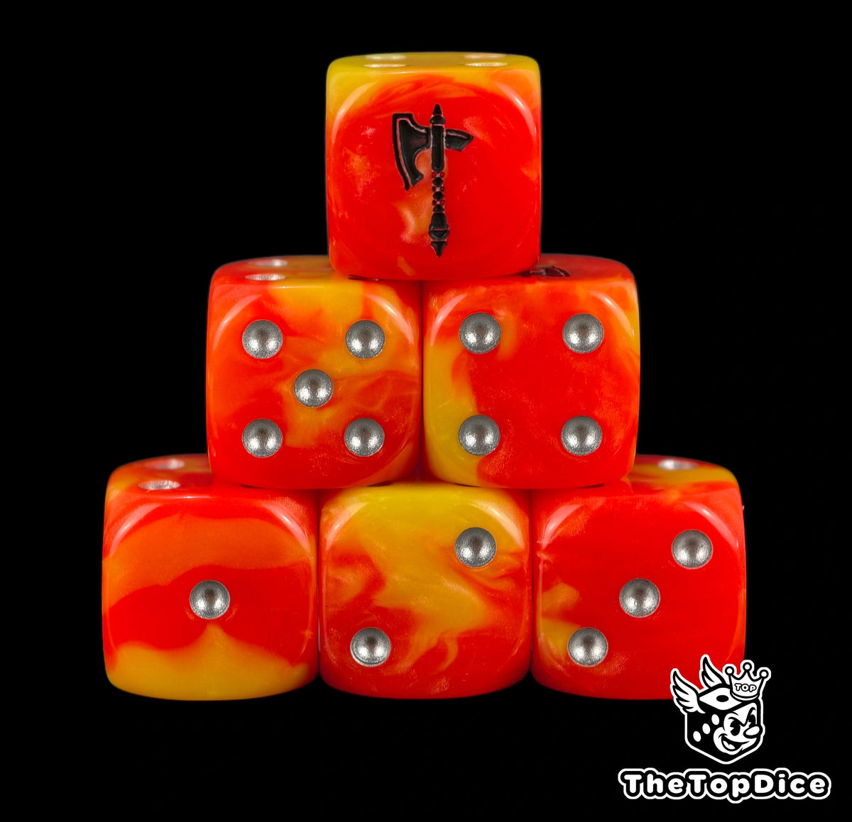 Six magma orange Fyreslayers D6 stacked, silver pips, black axe