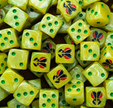Pile of yellow mantis knight 16mm D6 dice for a sci-fi marine army
