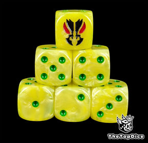 Yellow 16mm D6 dice with a black mantis face emblem and green pips for sci-fi wargaming