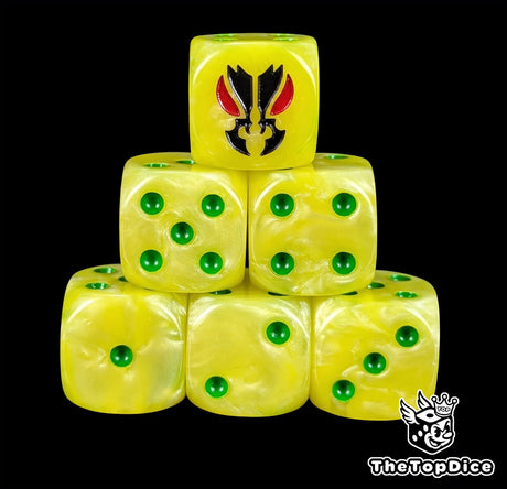 Yellow 16mm D6 dice with a black mantis face emblem and green pips for sci-fi wargaming