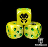 Close-up of a yellow D6 die with a black mantis emblem