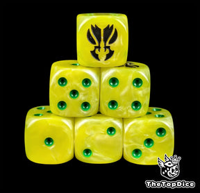 Yellow resin D6 dice with a black mantis emblem and green pips