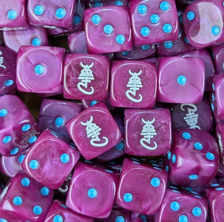 Pile of maroon spirit rune 16mm D6 dice for a sci-fi space elf army
