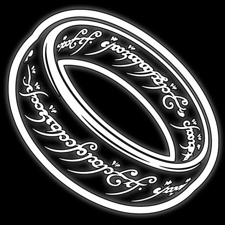 Plain ring engraved with flowing elvish script in white on black, epic fantasy 16mm dice tile