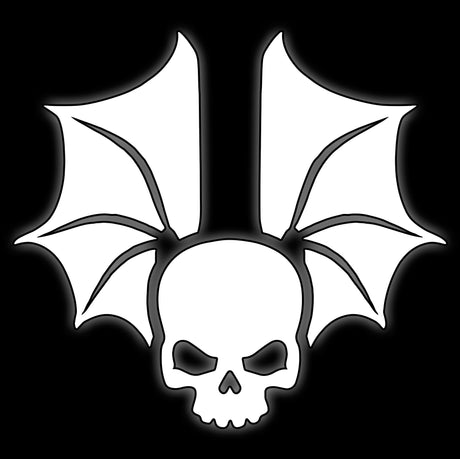 Bat-winged skull in white line art on black, tile for midnight raider legion 16mm sci-fi dice