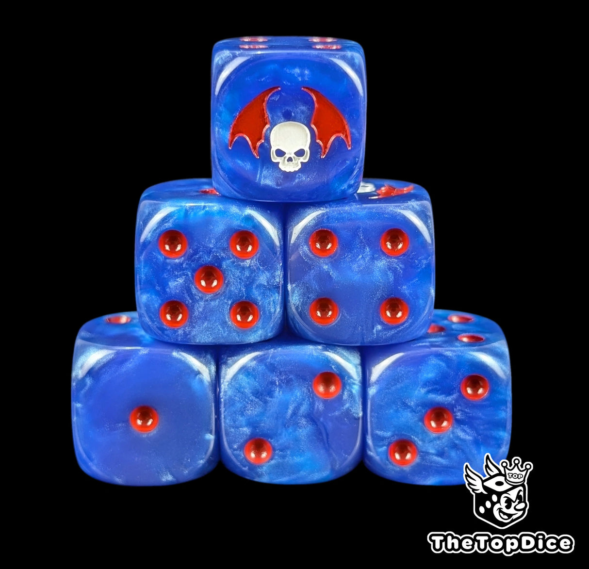 Midnight blue 16mm D6 dice with a white winged skull emblem and red pips for sci-fi wargaming
