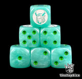 Six mint green Sylvaneth D6 stacked, green pips and a white antlered face