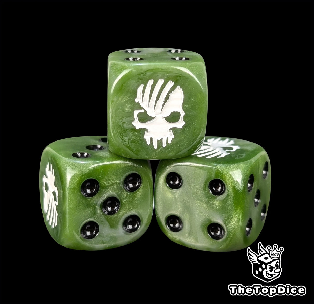 Close-up of a green D6 die with a white torn skull