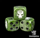 Close-up of a green D6 die with a white torn skull