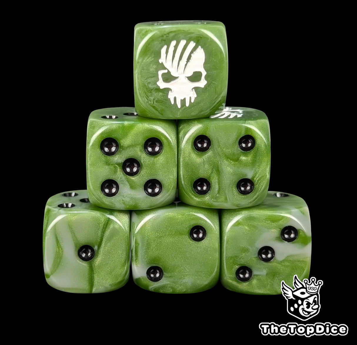 Green and grey resin D6 dice with a white torn skull emblem and black pips