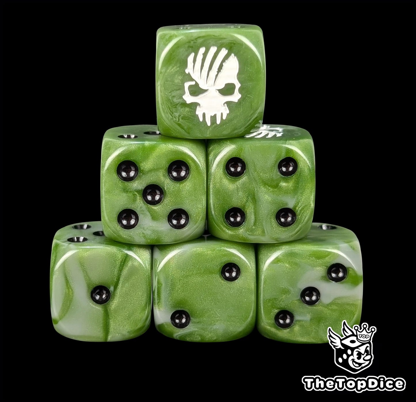 Green and grey resin D6 dice with a white torn skull emblem and black pips