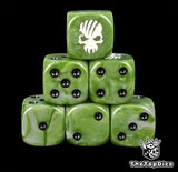 Green and grey resin D6 dice with a white torn skull emblem and black pips