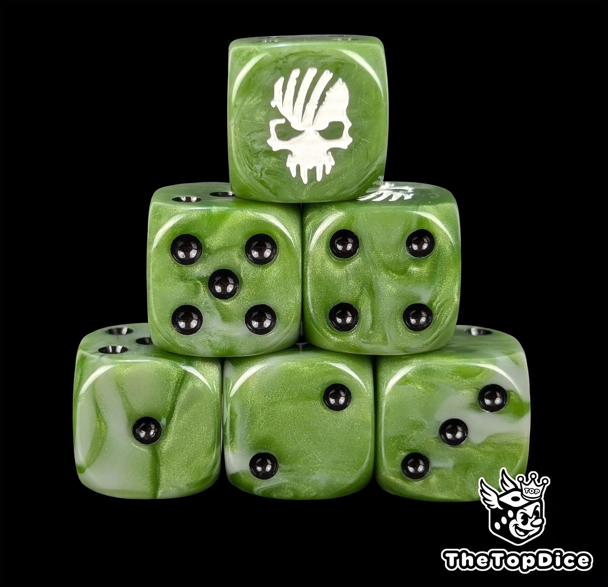 Green and grey resin D6 dice with a white torn skull emblem and black pips