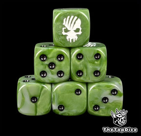 Green and grey resin D6 dice with a white torn skull emblem and black pips