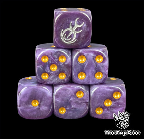 Purple resin D6 dice with a silver spiral emblem and gold pips
