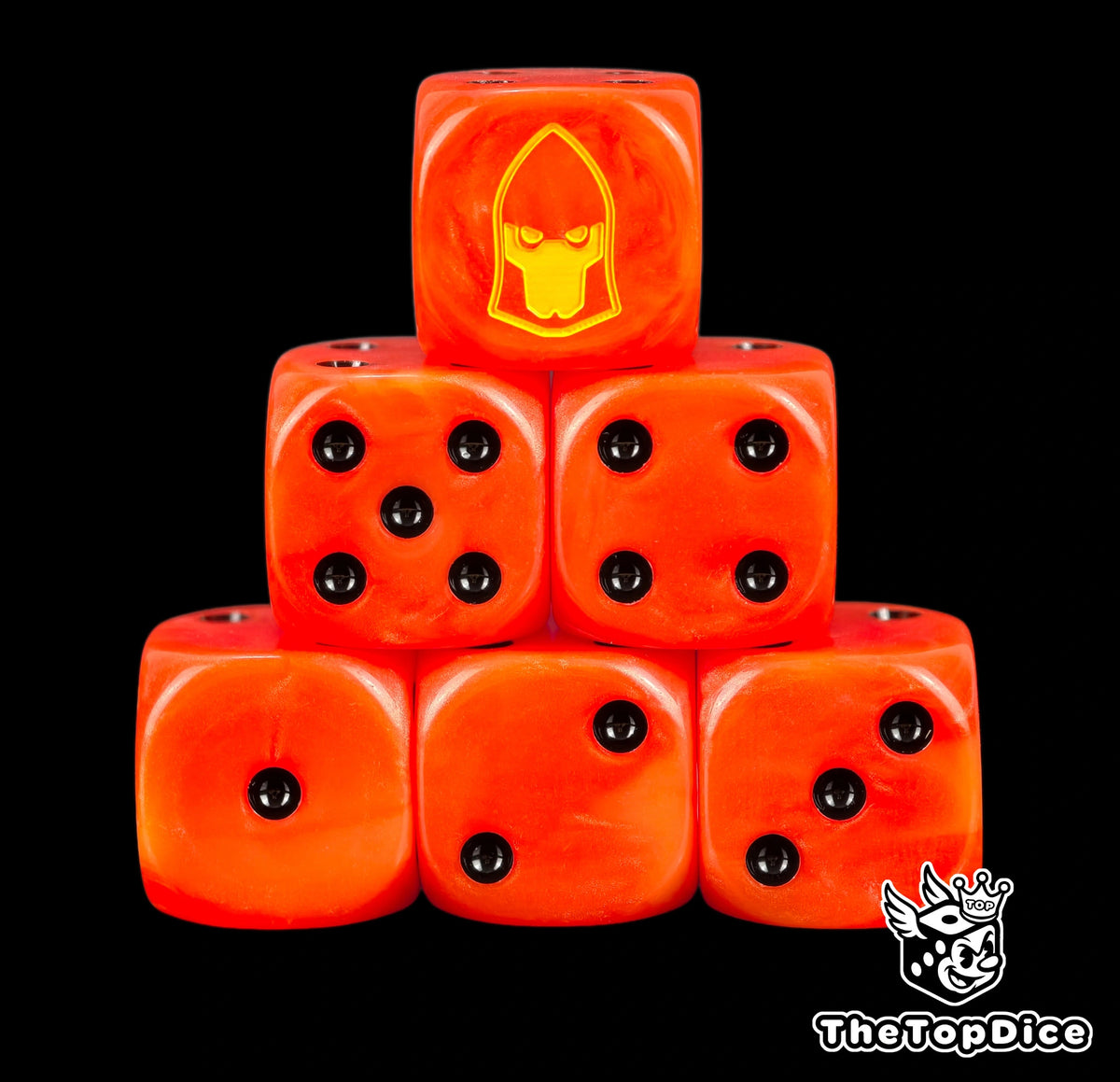 Six orange Fire Dragons D6 stacked with a yellow Aeldari helm