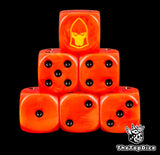 Six orange Fire Dragons D6 stacked with a yellow Aeldari helm