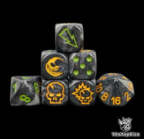 Black goblin fantasy football dice set of seven 16mm resin dice compatible with Blood Bowl
