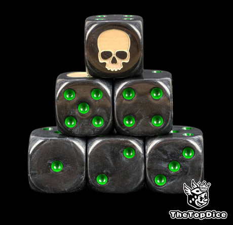 Black Mortifactors D6 dice stacked, green pips and a bone white skull on the six