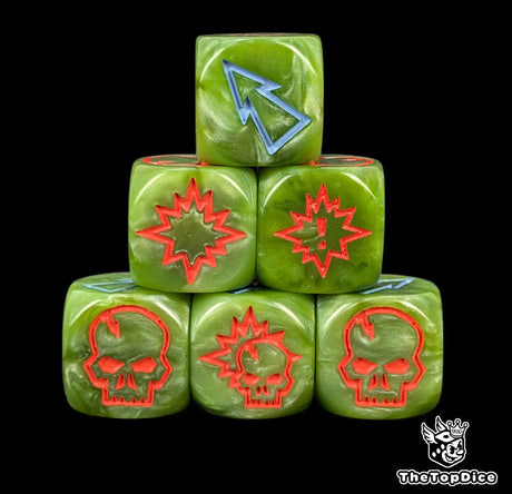 Close up of three green 16mm block dice with blue pips for resolving blocks