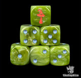 Close up of two green D6 with a red mushroom logo on the six face for fantasy football