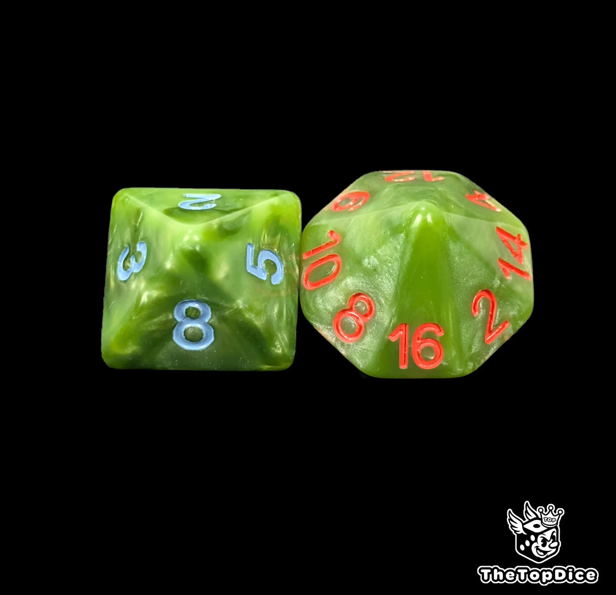 Close up of a green D8 and D16 with blue numbers for scatter and long range rolls