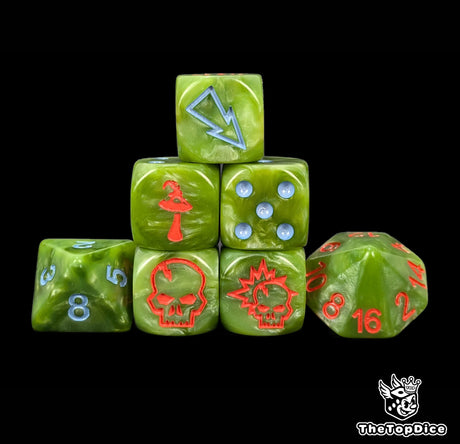 Green goblin fantasy football dice set of seven 16mm resin dice compatible with Blood Bowl