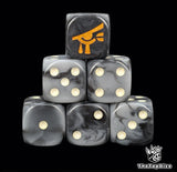 Black and grey 16mm D6 dice with a gold eye emblem and beige pips for sci-fi wargaming