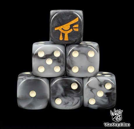 Black and grey 16mm D6 dice with a gold eye emblem and beige pips for sci-fi wargaming