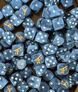 Pile of black and grey eye 16mm D6 dice for a sci-fi psychic army