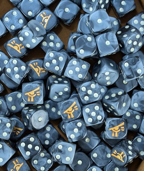 Pile of black and grey eye 16mm D6 dice for a sci-fi psychic army