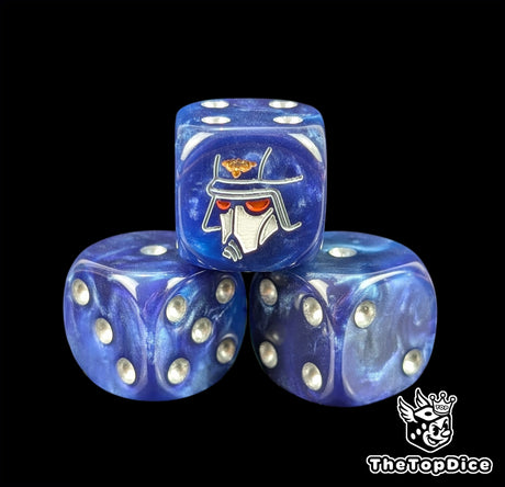 Close up of a dark navy 16mm resin D6 die engraved with a white gas mask helm and silver pips