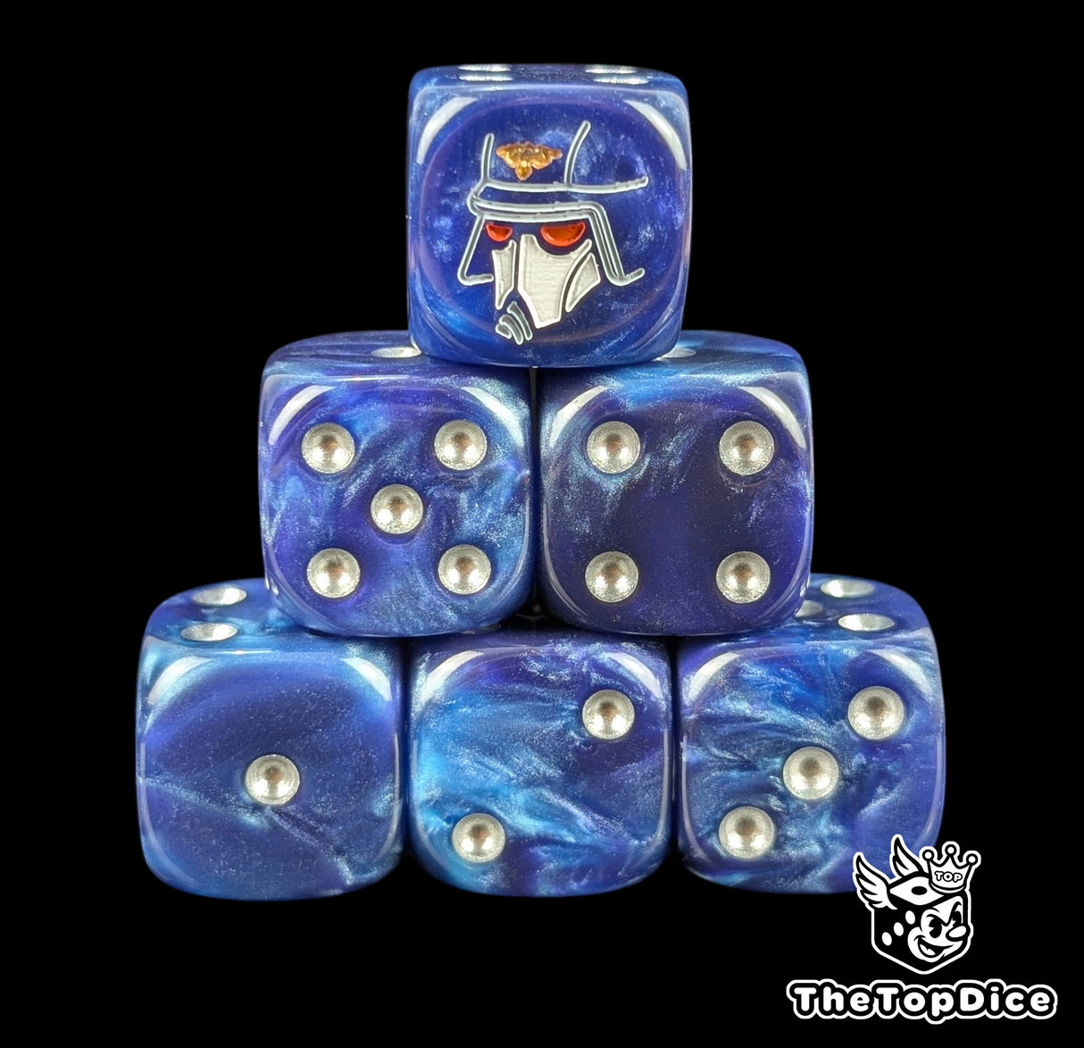 Dark navy 16mm D6 dice with a white gas mask helm emblem and silver pips for sci-fi wargaming