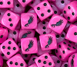 A pile of neon pink Slaanesh D6 with black pips and winged claws