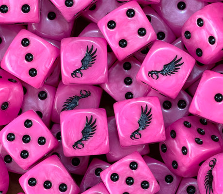 A pile of neon pink Slaanesh D6 with black pips and winged claws