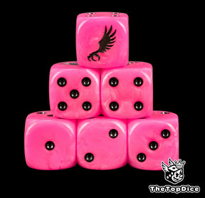 Six neon pink Emperor's Children D6, black pips and a winged claw