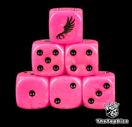 Six neon pink Emperor's Children D6, black pips and a winged claw