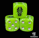 Close up of a neon green 16mm resin D6 die engraved with a black tomb rune and silver pips