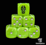 Neon green 16mm D6 dice with a black tomb rune emblem and silver pips for sci-fi wargaming