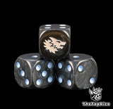 Three black 16mm Space Wolves D6, the white wolf head facing front beside sky blue pips