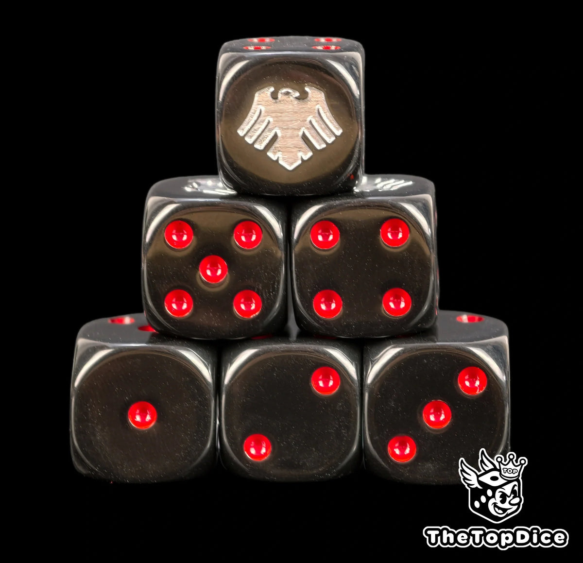 Six black Raven Guard dice stacked, silver raven above red pips