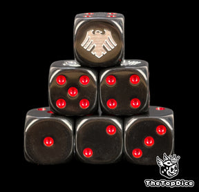 Six black Raven Guard dice stacked, silver raven above red pips
