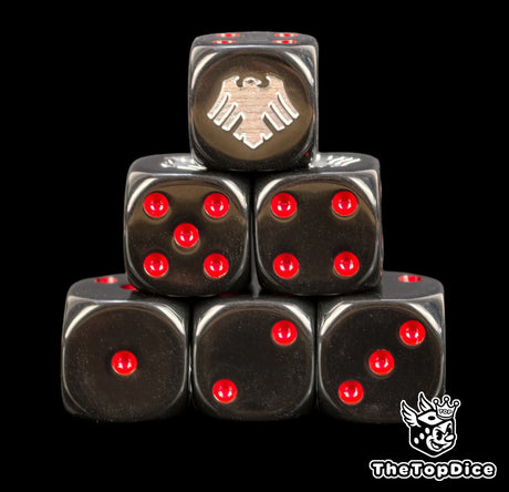 Six black Raven Guard dice stacked, silver raven above red pips