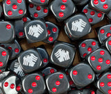 A pile of black Raven Guard dice, silver ravens and red pips repeating