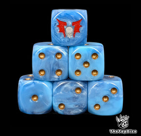 Blue 16mm D6 dice with a white winged skull emblem and bronze pips for sci-fi wargaming
