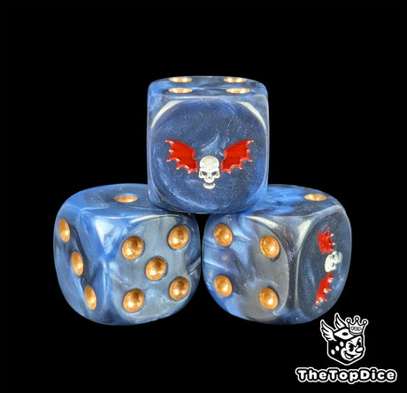 Close-up of a dark D6 die with a white skull and two red wings