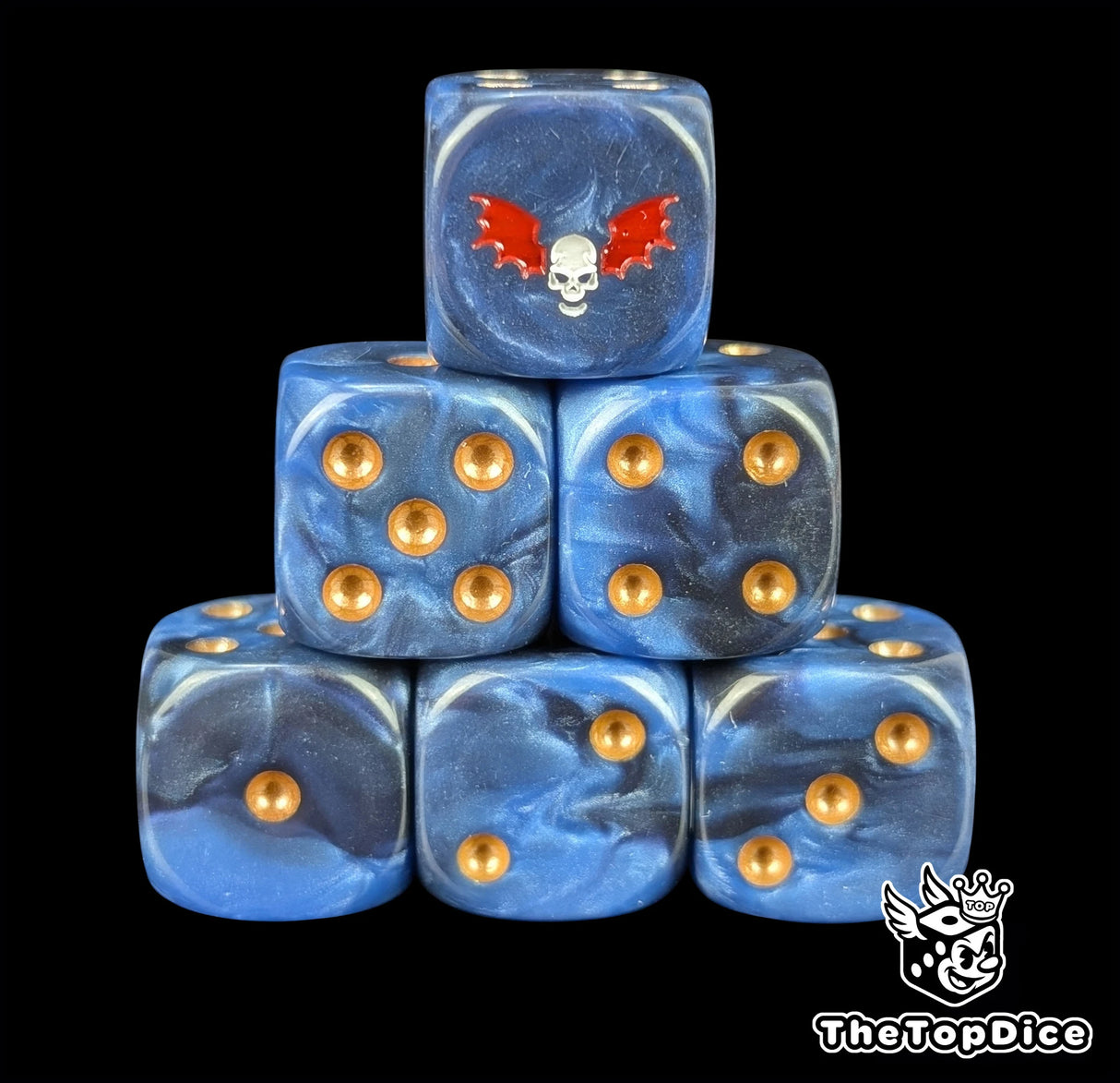 Midnight resin D6 dice with a white winged skull emblem and gold pips