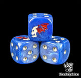 Close-up of a dark D6 die with a white skull and a single red wing