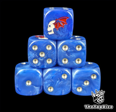 Midnight resin D6 dice with a white winged skull emblem and silver pips