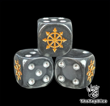 Close-up of a translucent black D6 die with a gold dark star